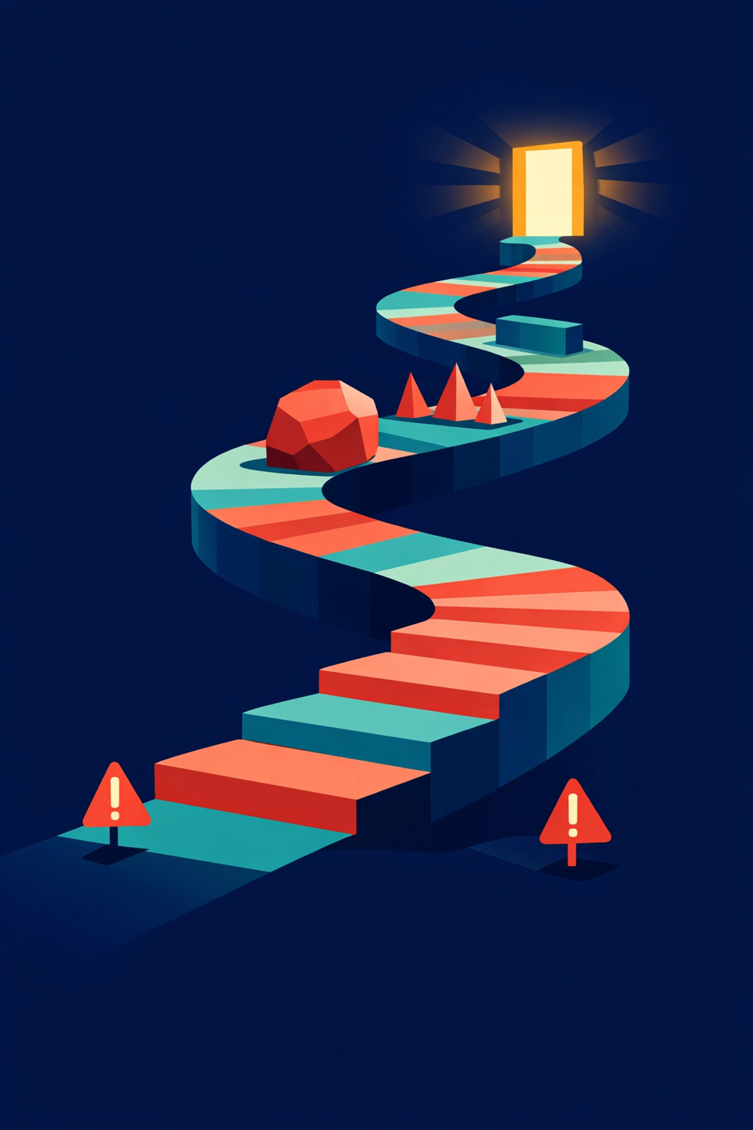 Growth path showing obstacles overcome on journey to successful professional breakup.