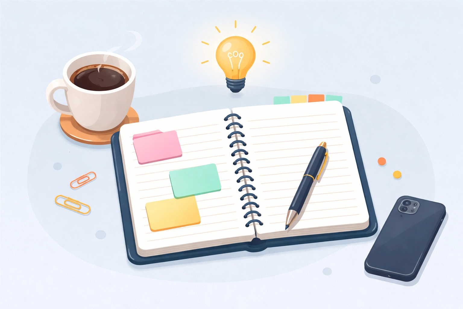 Top-down view of a small business owner's organized workspace with coffee and a notepad for productivity in Chattanooga