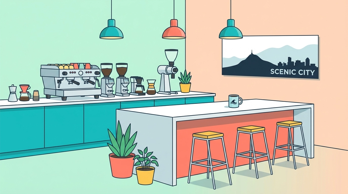 Flat vector illustration of Mediafy's remodeled Chattanooga office kitchen with a modern coffee bar, bar stools, plants, and subtle Lookout Mountain-inspired wall art