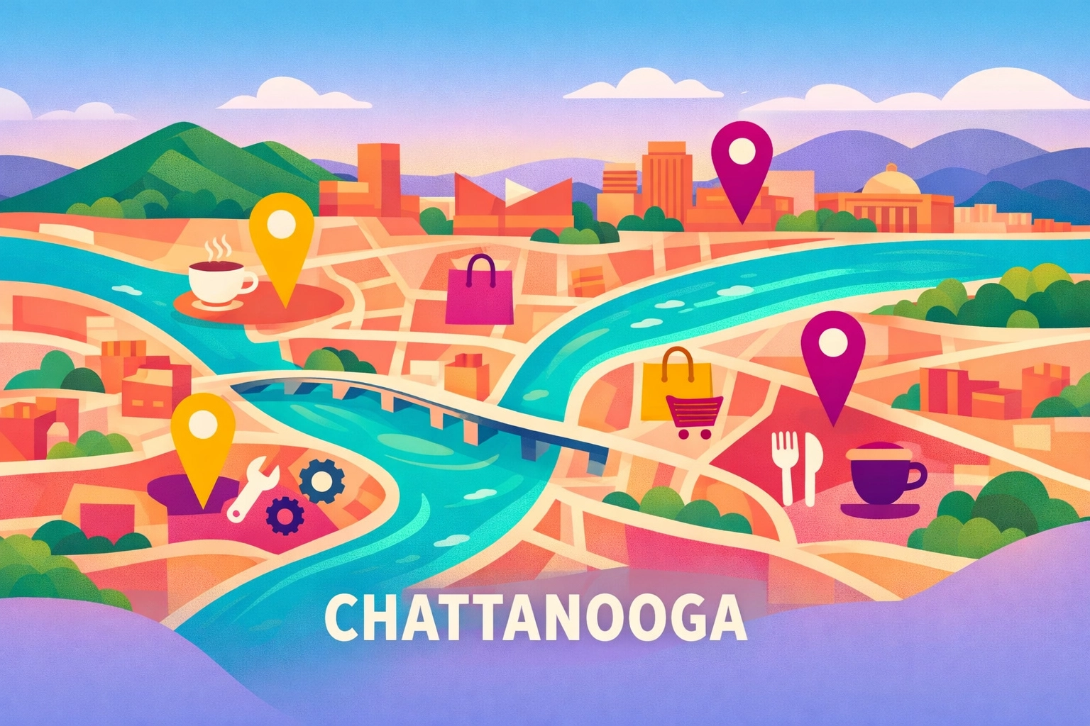 Chattanooga Tennessee map showing local business optimization for AI search and GEO strategy.