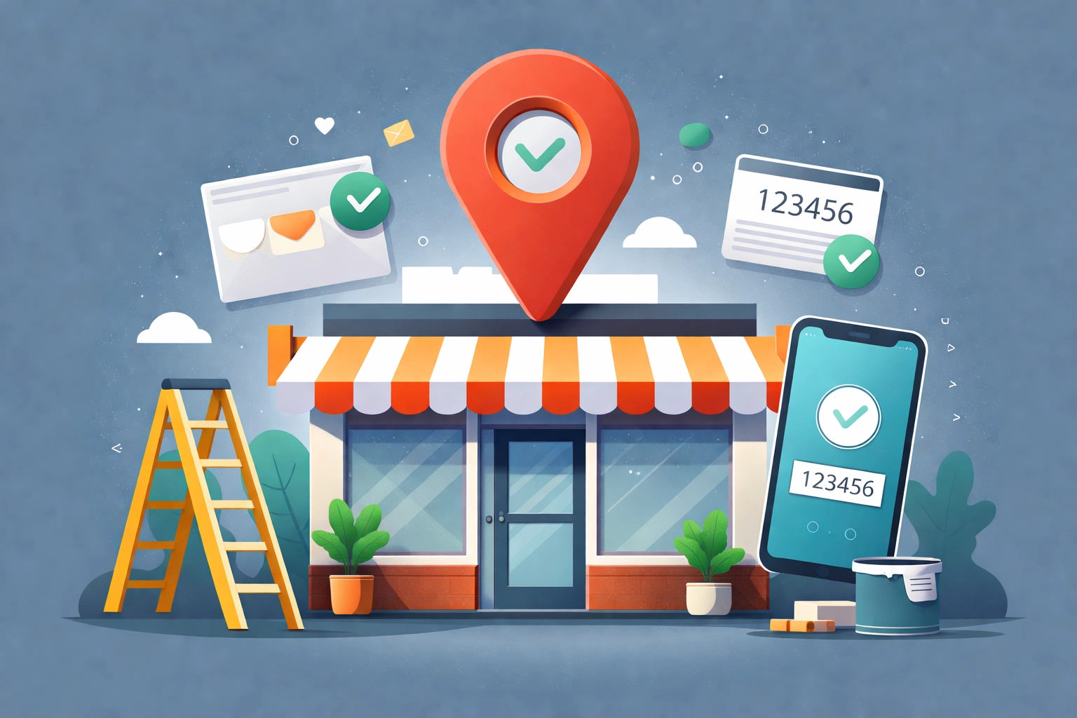 Business storefront with Google Maps pin and verification icons shows re-verifying a Google Business Profile for local SEO Chattanooga