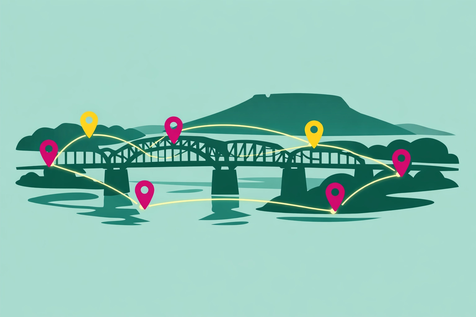 Digital map of Chattanooga showing local SEO connectivity for small businesses near the Walnut Street Bridge.