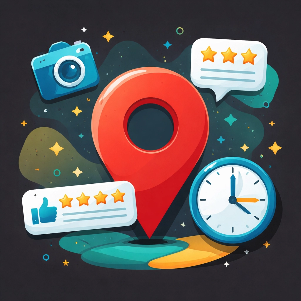 Google Maps pin surrounded by business profile elements, showing the impact of local SEO and Google Business Profile updates