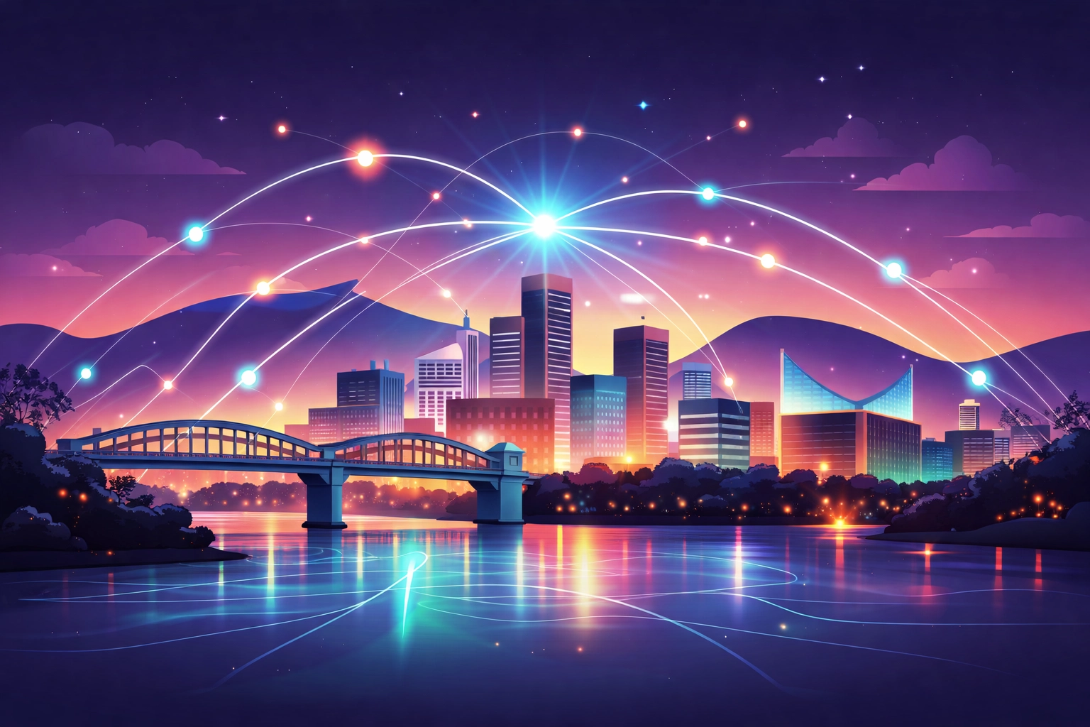Chattanooga skyline with network lines represents the city's advanced infrastructure for AI-driven digital marketing