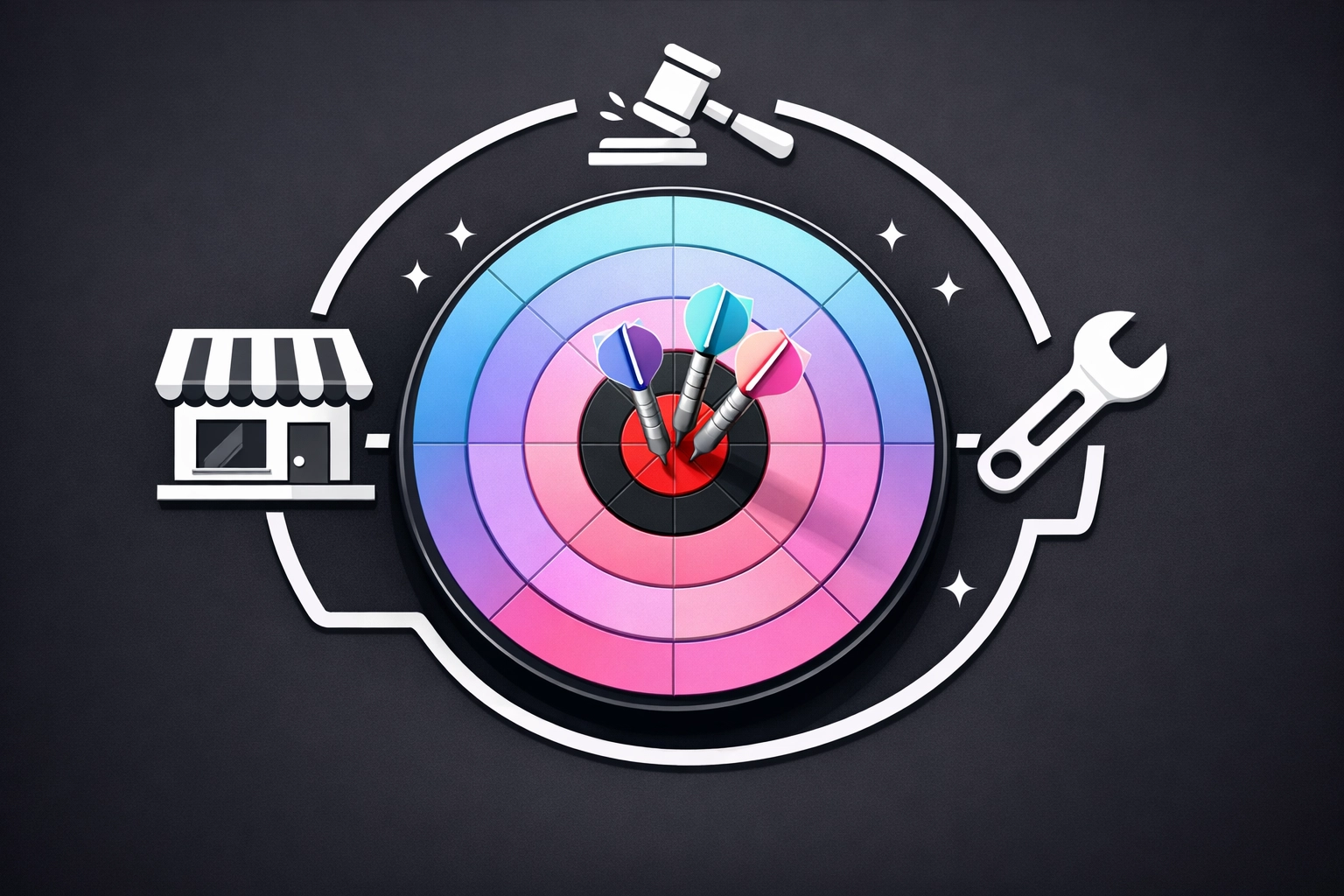 Digital bullseye with business icons representing targeted growth for local Chattanooga industries.