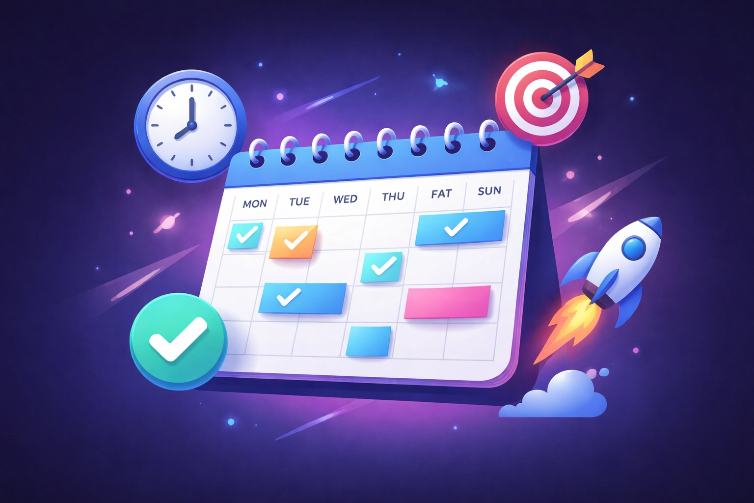 Illustration of a weekly planner with goal and time icons, showing small business strategy planning in Chattanooga