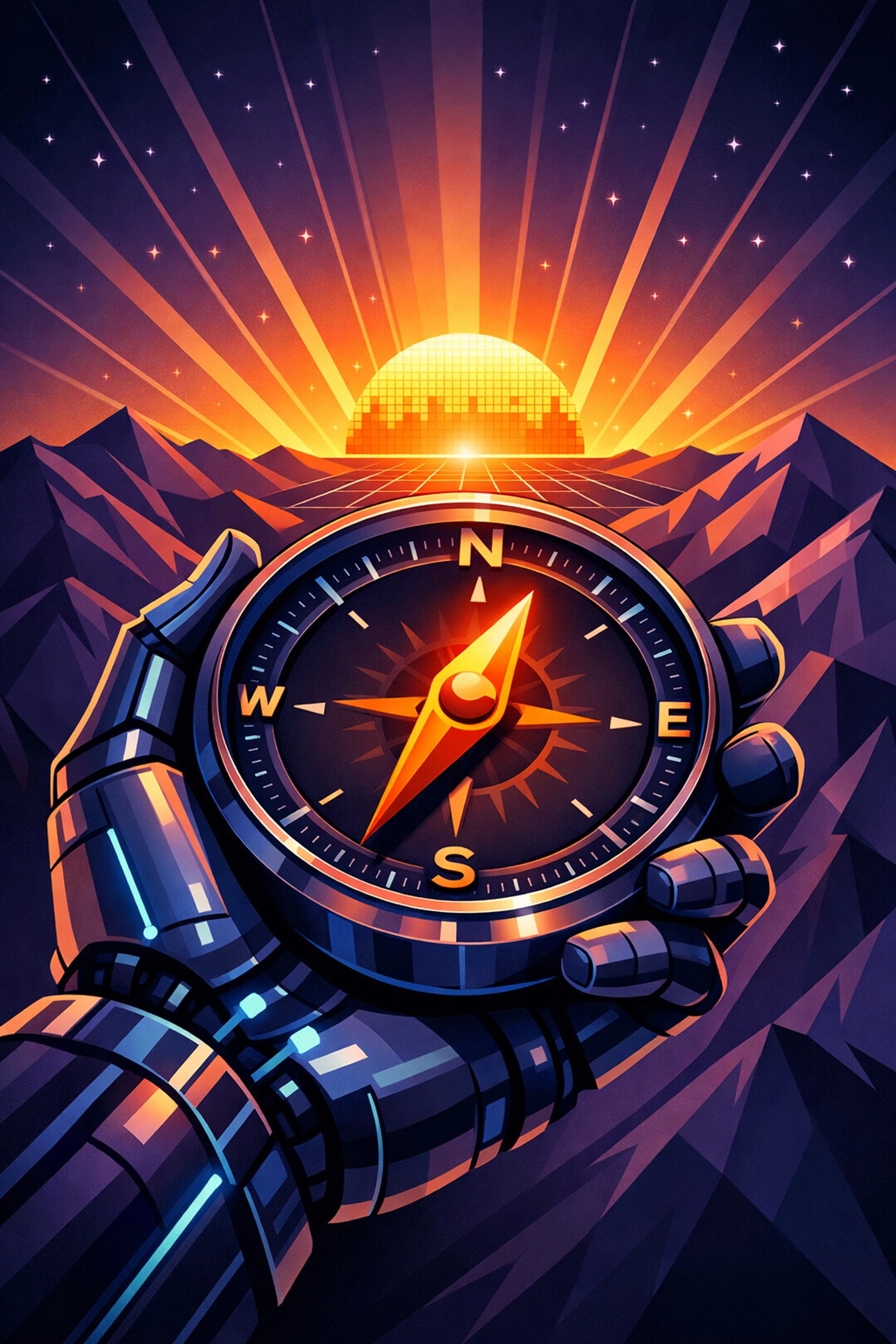 A futuristic digital compass guiding a Chattanooga business toward AI search success and market leadership.