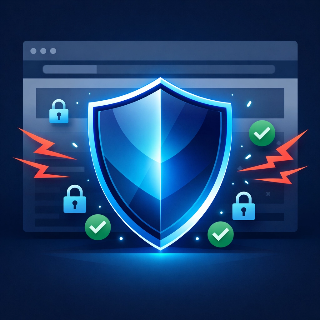 Digital security shield protecting a business website from hacking and data vulnerabilities.